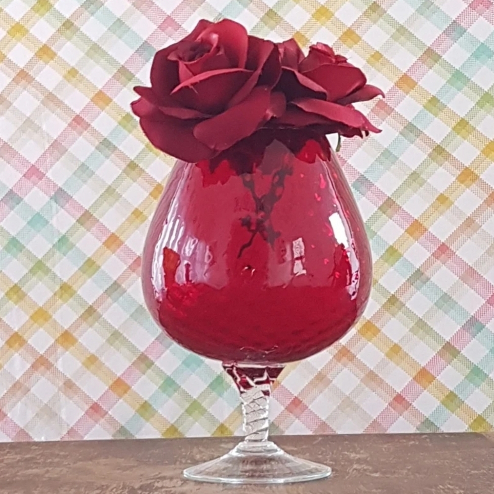 Vintage Huge Empoli Red Blown Glass Brandy Snifter Vase Twisted Stem 10.75"